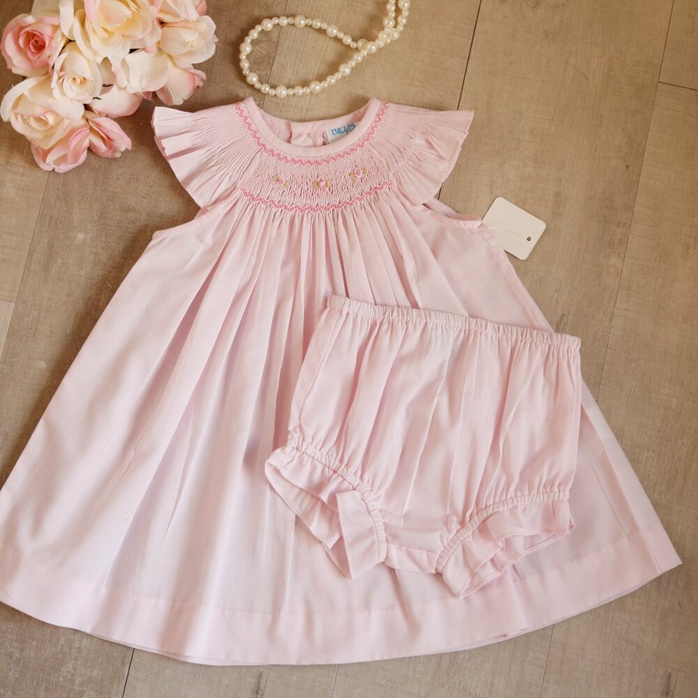 Pink Smocked Dress Set with Bloomers Flutter Sleeves Luli & Me 9 Month NWT